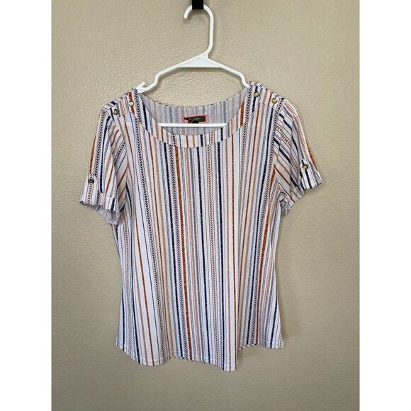 50th‎ Street Petite Womens Striped Short Sleeve Top PM Button White polyester - Picture 2 of 7